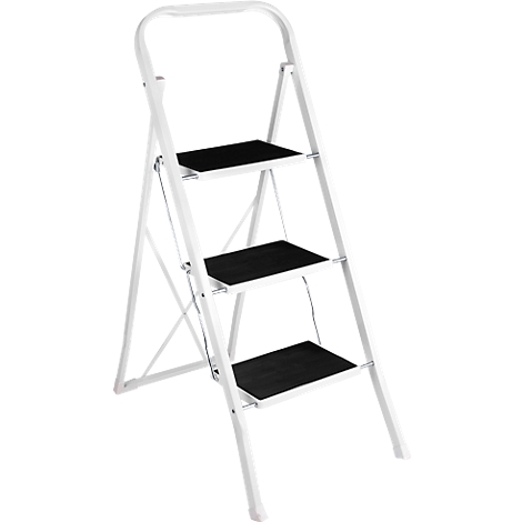 White stepladder with three black steps. It stands slightly tilted against a white background.