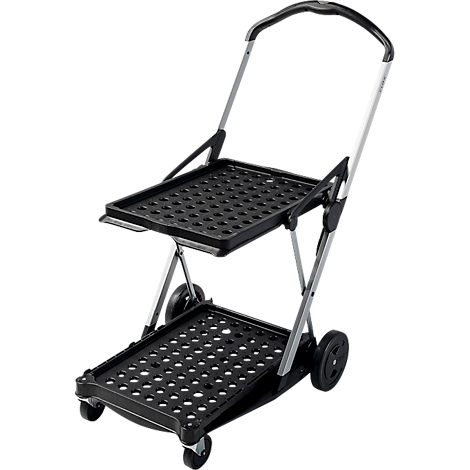 Black folding transport cart with two shelves and wheels. The handle is black, the frame silver.