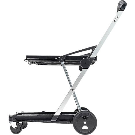 Collapsible transport cart, side view, with black storage area, silver frame, and wheels.