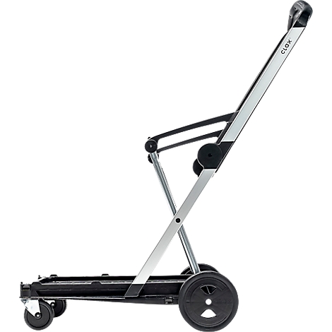 Side view of a black and silver shopping trolley. It has two large wheels, two small swivel castors and an extendable handle.