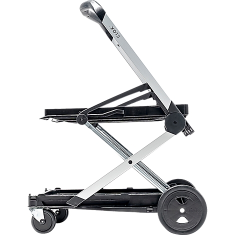 A folded transport cart made of metal and plastic. The handle is folded up. The handle says "CLOX". Black wheels.