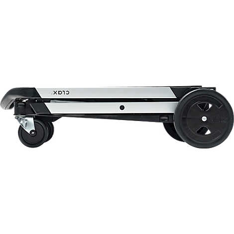 Folded black and silver transport cart with wheels. The frame says "CLAX XD10".