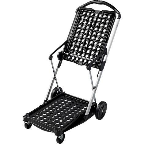 Black foldable shopping trolley with a hole pattern. It has a silver frame and small wheels.