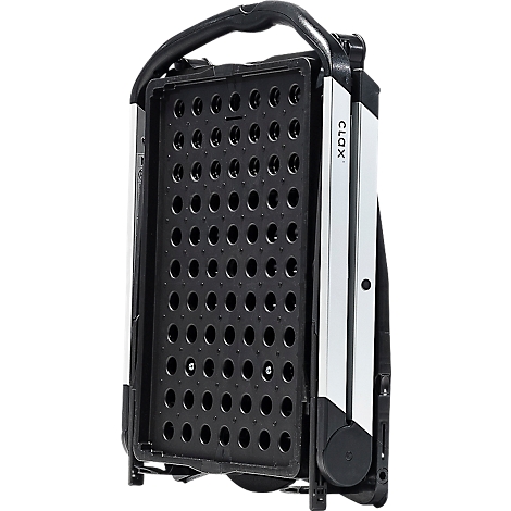 Black, folded transport trolley with perforated plate and handle. CLQX is written on one side.