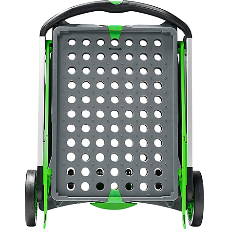 Grey shopping trolley, top view. Black handles, green accents. The basket has holes.