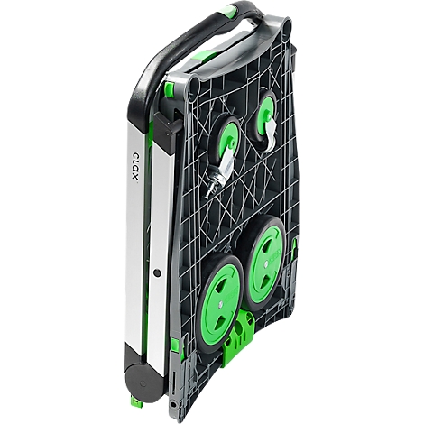 Grey folding transport cart with black and green elements. With green wheels, handle and details. The product has the brand name CLAX.