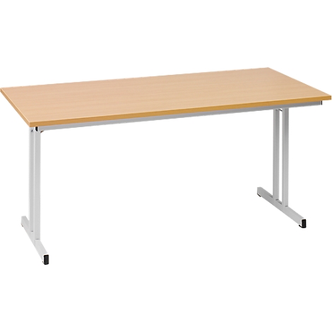 A rectangular table with a light brown wooden top and a white metal frame. The table legs are U-shaped and sturdy.