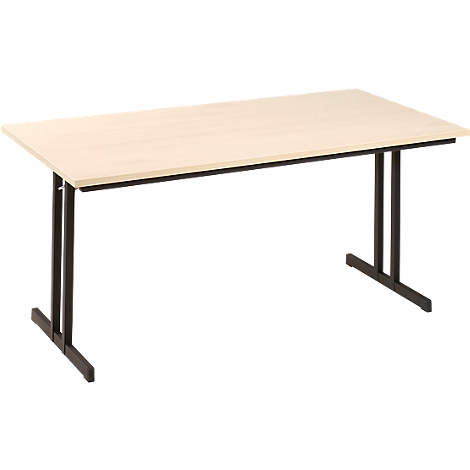 A rectangular light brown table with black metal legs. The legs are T-shaped.