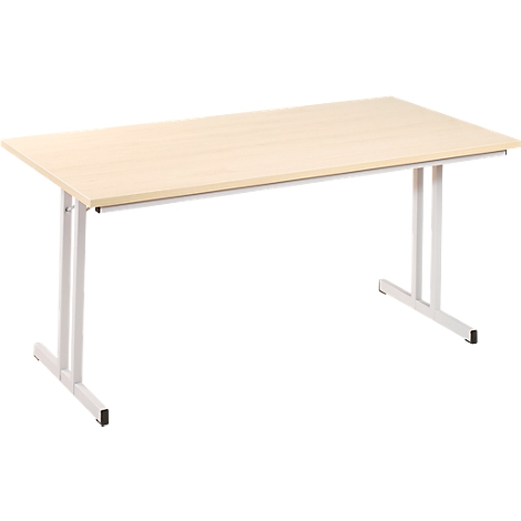 A rectangular, beige table with white metal legs. The table is empty and stands against a white background.