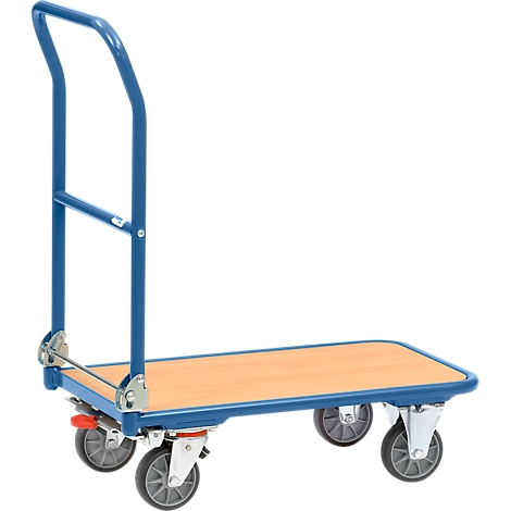 Blue painted platform trolley with four wheels and wooden top. The handle rises upwards.