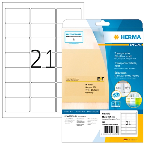 Vel met 21 stickers naast een verpakking transparante etiketten. Bedrukkingen: "HERMA Special", "Transparant", "21".