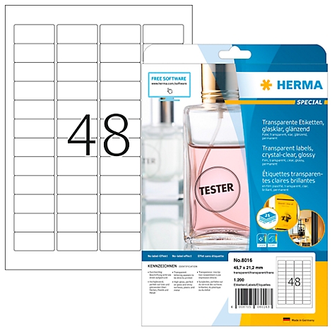 Verpakking van transparante etiketten met een parfumfles, etiket met de tekst "TESTER" en de opdruk "48".