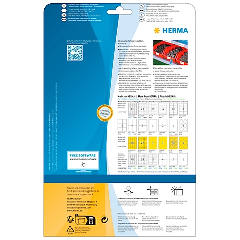 Rückseite eines Etikettenpakets mit Produktinformationen und verschiedenen Etikettengrößen.