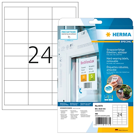 Eine Packung Herma-Etiketten mit 24 quadratischen Etiketten und Details, darunter Text und Logos.