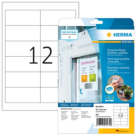 Etikettenblatt neben Verpackung. Auf Etiketten steht die Zahl 12. Verpackung mit Produktabbildung und Schriftzug: HERMA SPECIAL.