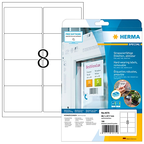 Ein Blatt Etiketten neben einer Verpackung. Aufgedruckt sind: HERMA SPECIAL, Etiketten, ablösbar. Das Blatt zeigt eine große "8".