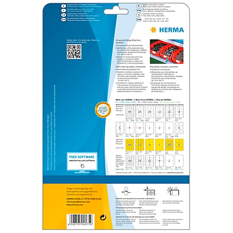 Auf weißem Hintergrund sind Etikettenbögen und eine Produktverpackung abgebildet. Auf der Verpackung steht „HERMA SPECIAL“ und „Strapazierfähige Etiketten, ablösbar“.