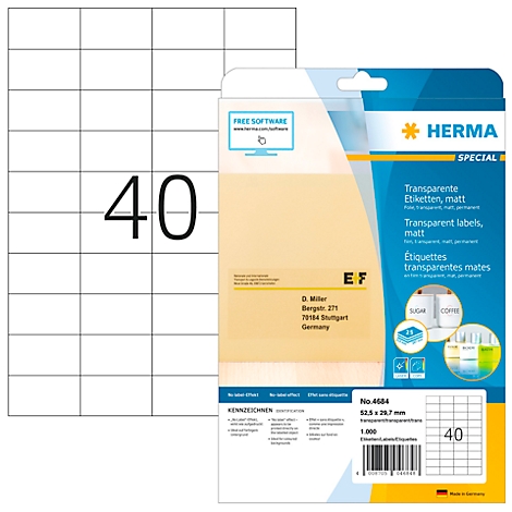 Paket mit transparenten Etiketten und 40 vorgestanzten Etiketten. Aufdruck mit Informationen und Herstellermarke.