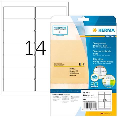 Packung mit transparenten Etiketten, daneben eine einzelne Etikettenvorlage mit der Zahl 14.