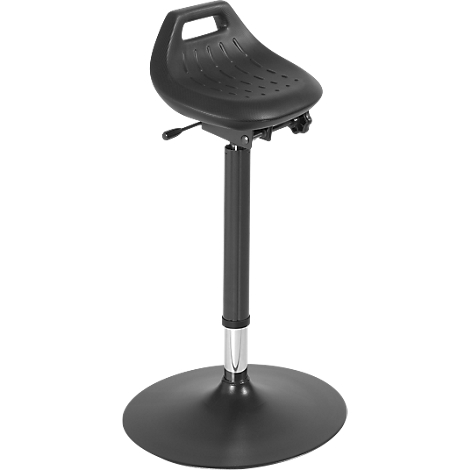Black work chair. Round seat with holes. Height adjustable, with handle and base.