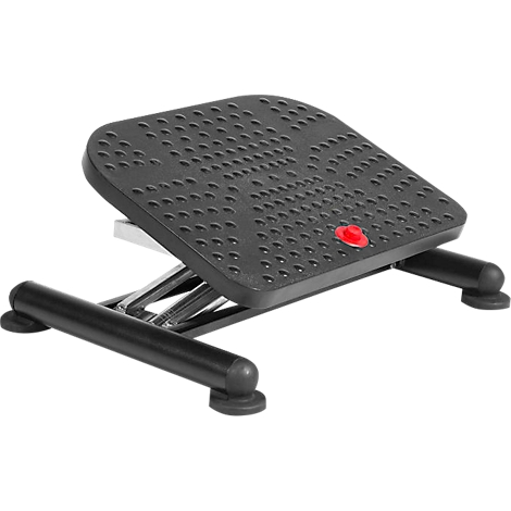 Black footrest with a dotted surface. A red button is located at the front. The support is height adjustable.