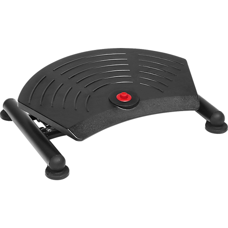 Black footrest with ridged surface and red button. Two curved legs standing on black feet.
