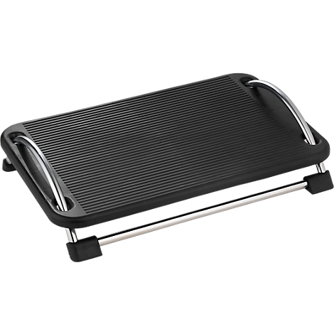 Black footrest made of plastic and metal. The ribbed surface provides slip resistance. On silver legs.