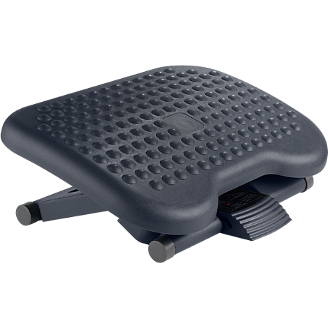 A dark gray footrest with a ribbed surface and adjustable feet. An ergonomic detail.