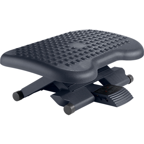 Black plastic footrest with textured surface, on X-shaped frame. Adjustable in height.