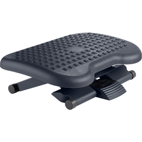 Black footrest with dotted surface, adjustable.