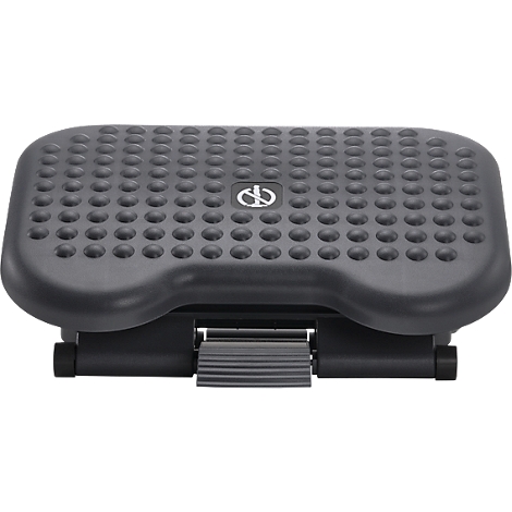 Black footrest with ridged surface and logo.