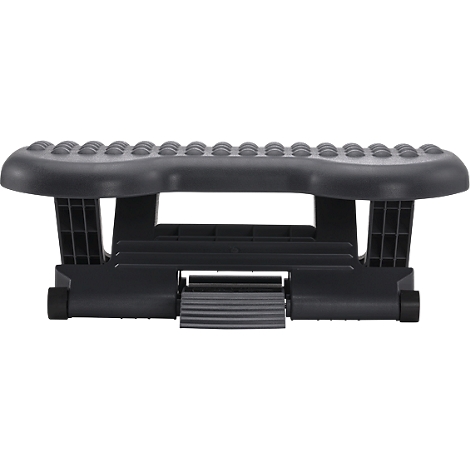 A black footrest, consisting of a platform with knobs and an adjustable support frame.