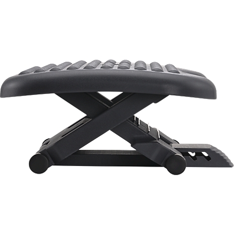 Black footrest, seen from the side. Top with knobs, scissor frame. Two wheels below.