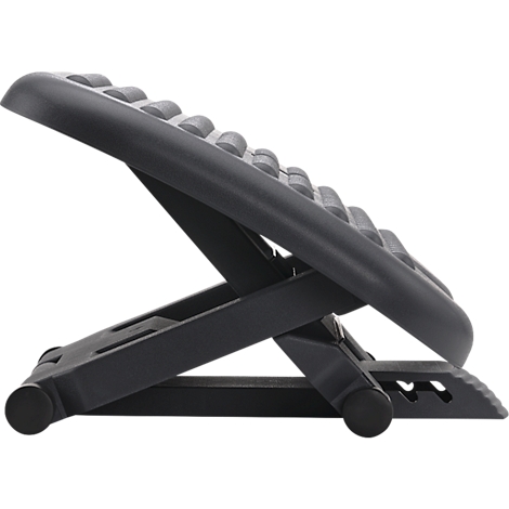 Black footrest with a textured surface and an adjustable frame.