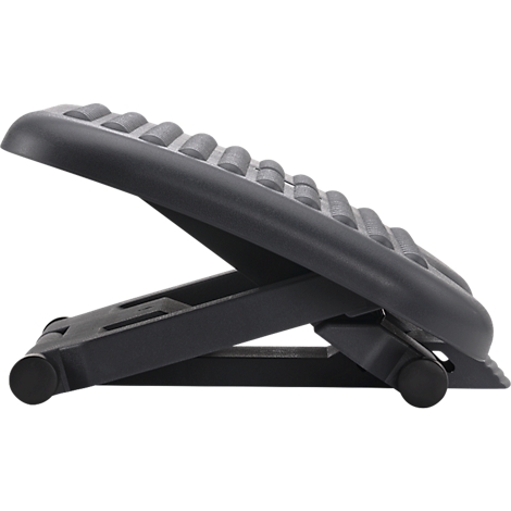 Black plastic footrest, ribbed surface. Adjustable in angle.
