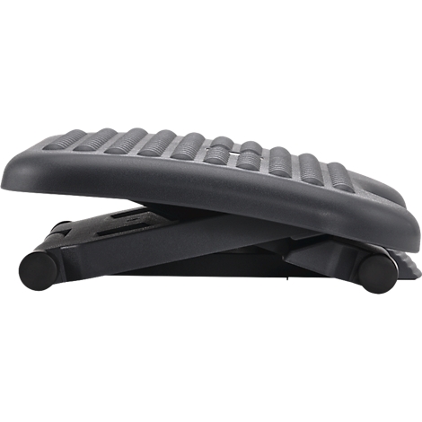 Black footrest, profile view. Non-slip surface, adjustable height, stable. Ideal for ergonomic working.