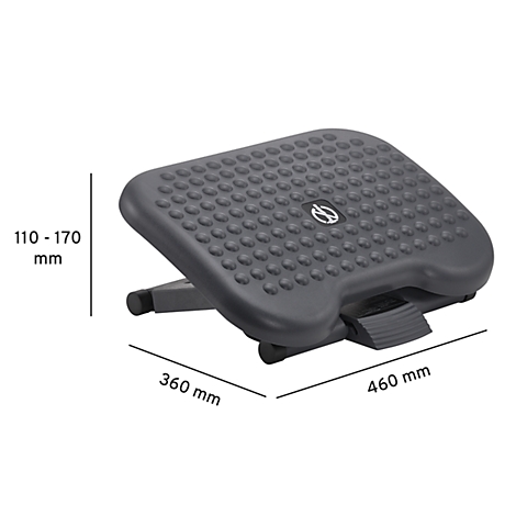 Black footrest with studded pattern. Dimensions: 460 x 360 mm. Height adjustable from 110 to 170 mm.