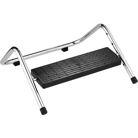 Black textured footrest with chrome frame. The frame has feet with rubber stoppers.