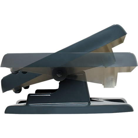 A dark-colored hole puncher that is open. The lever mechanism is clearly visible.