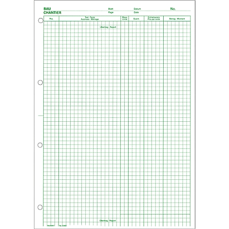 Green checkered notebook with holes, headline "BAU CHANTIER".