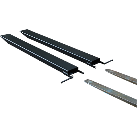 Two black forklift forks with metal tips, ready for mounting.