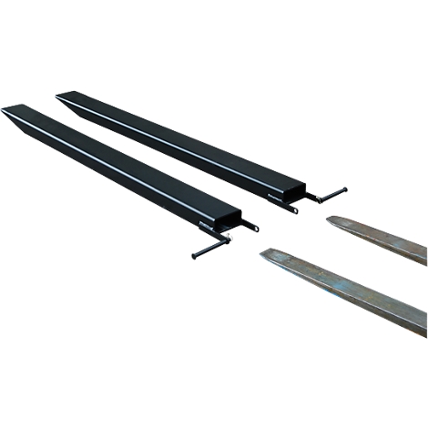 Two black forklift forks on a grey background. The tines are arranged in the air.