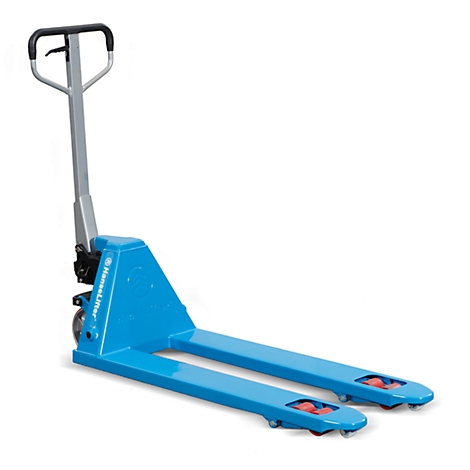 Blue forklift on a white background. With handle, lifting device and two forks.