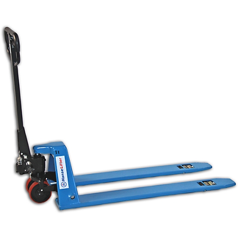 Blue pallet truck with handle and red wheel. The words "HanseLifter" are visible.