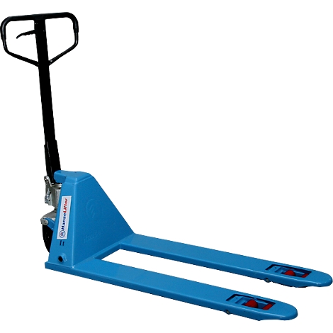 Blue pallet truck with black handle. The "Hanselifter" logo is visible.