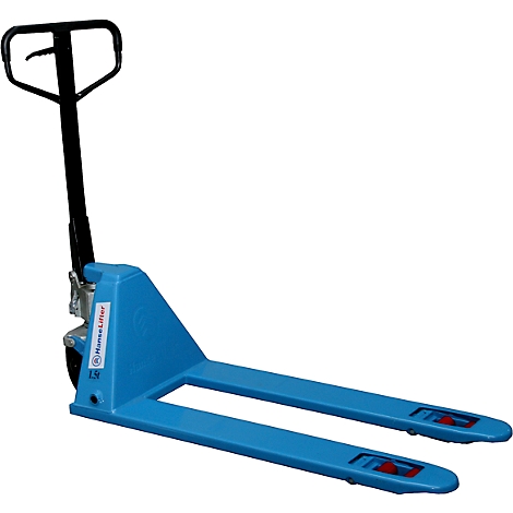 Blue pallet jack with black handle on a white background.