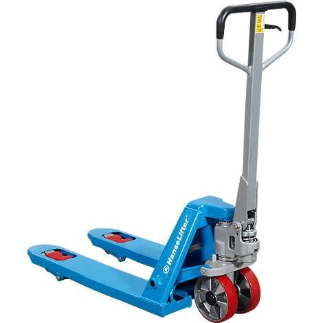 Blue pallet truck, HanseLifter brand, with red roller wheels.