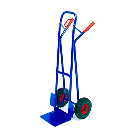 Blue hand truck, red handle, green tires with red rims, on a white background.
