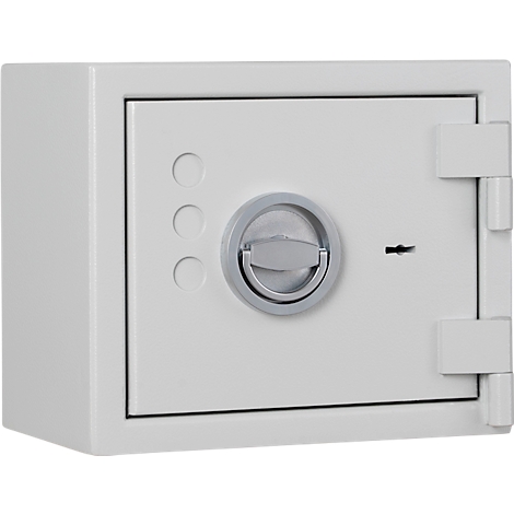 Een witte kluis. Het heeft een handvat, een sleutelgat en drie knoppen links ervan.