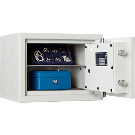 Open witte kluis met sieraden en een blauwe doos. De deur staat open, de kluis is helder verlicht.